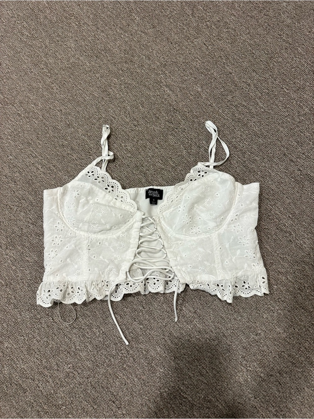White Eyelet Lace-Up Cropped Tank Top